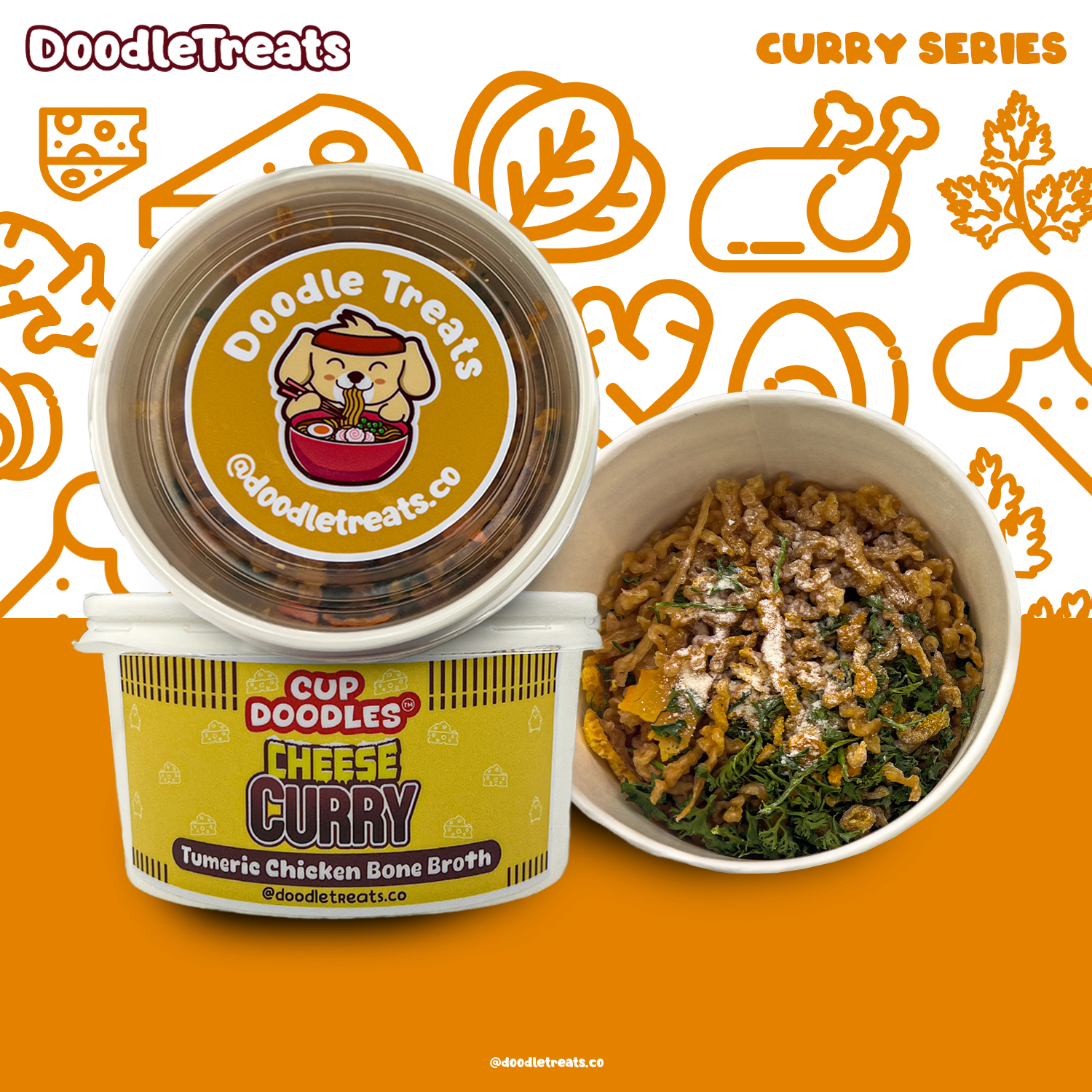 Doodle Treats Cheese Curry Cup Doodles with orange background