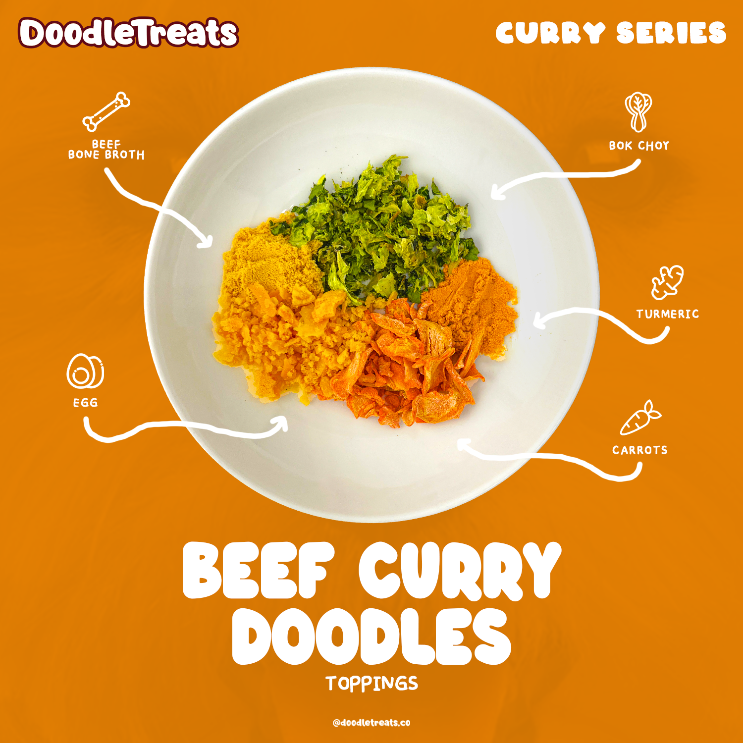 Doodle Treats' Curry Beef Doodles toppings on a plate with item names
