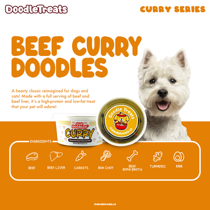 List of ingredients and description of Doodle Treats' Curry Cup Doodles with West Highland White Terrier
