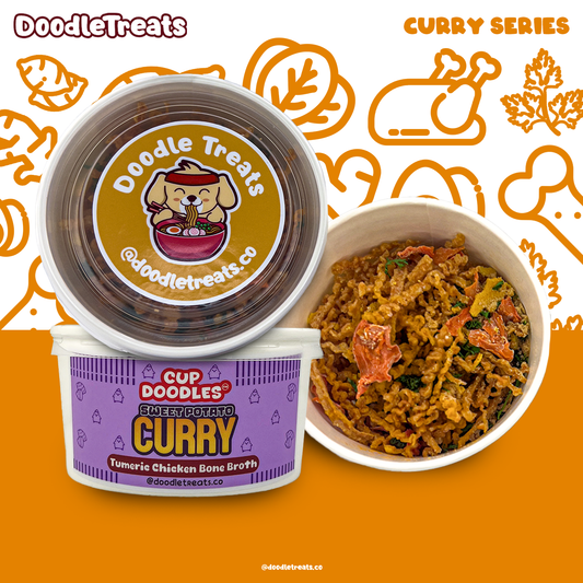 Doodle Treats Sweet Potato Curry Cup Doodles with orange background