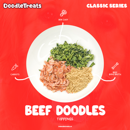 Doodle Treats' Beef Cup Doodles toppings on a plate with item names