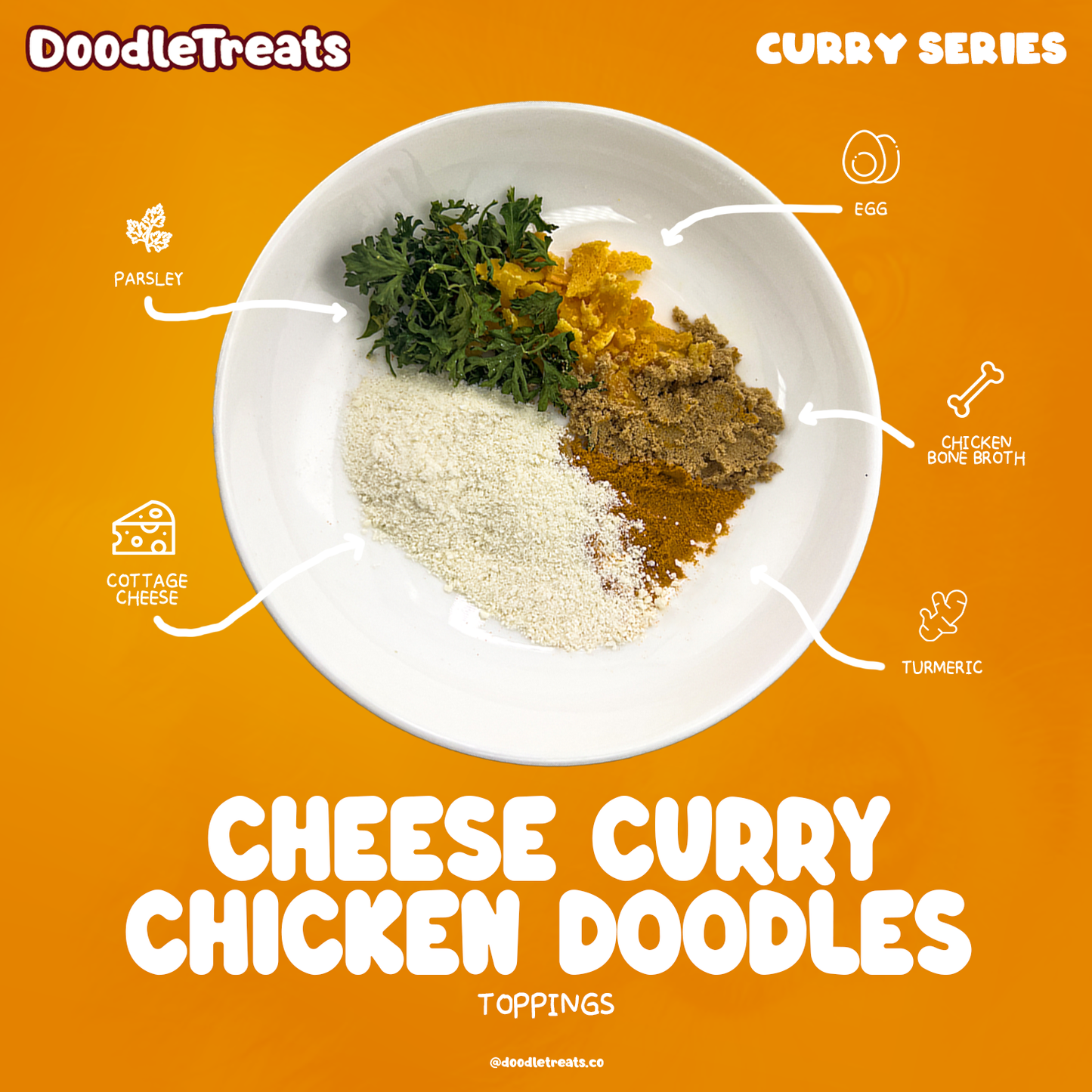 Doodle Treats' Cheese Curry Chicken Doodles toppings on a plate with item names