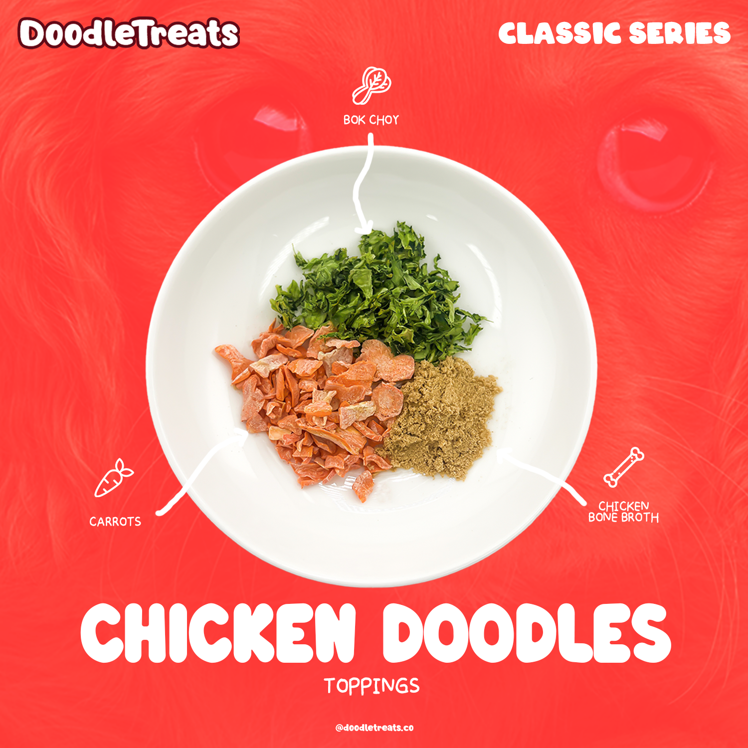 Doodle Treats' Chicken Cup Doodles toppings on a plate with item names