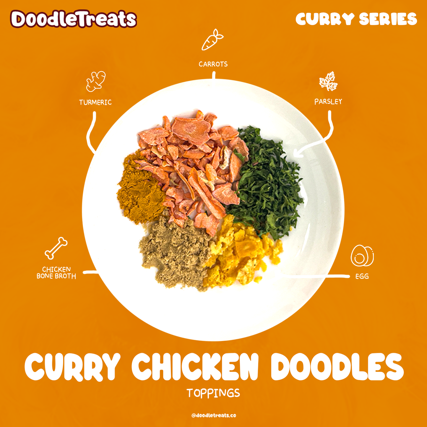 Doodle Treats' Curry Chicken Doodles toppings on a plate with item names