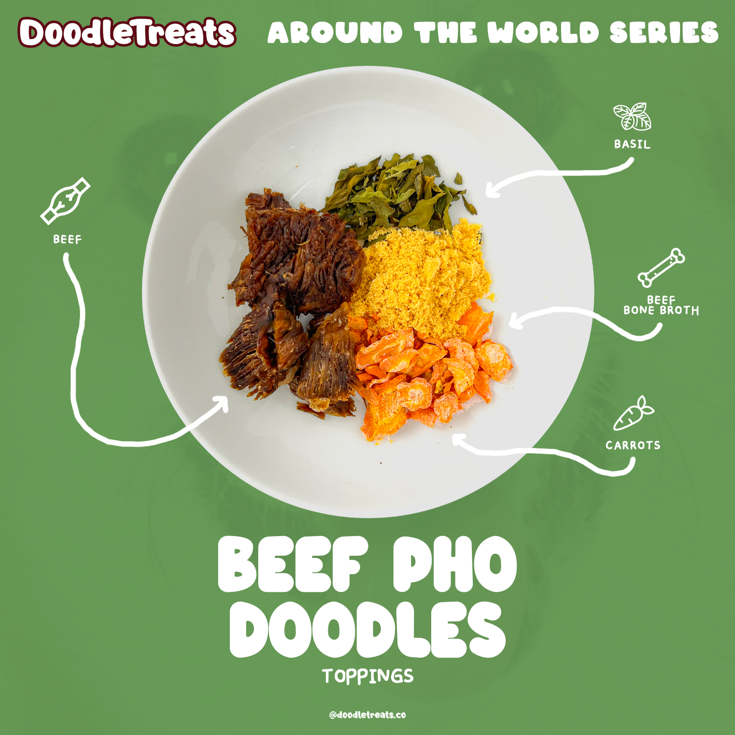 Doodle Treats' Beef Pho Doodles toppings on a plate with item names