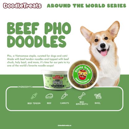 List of ingredients and description of Doodle Treats' Beef Pho Cup Doodles with corgi