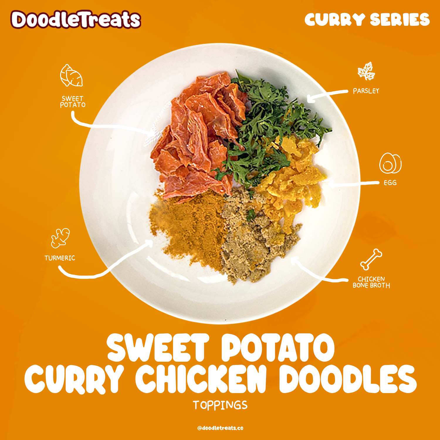 Doodle Treats' Sweet Potato Curry Cup Doodles toppings on a plate with item names