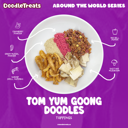 Doodle Treats' Tom Yum Goong Doodles toppings on a plate with item names