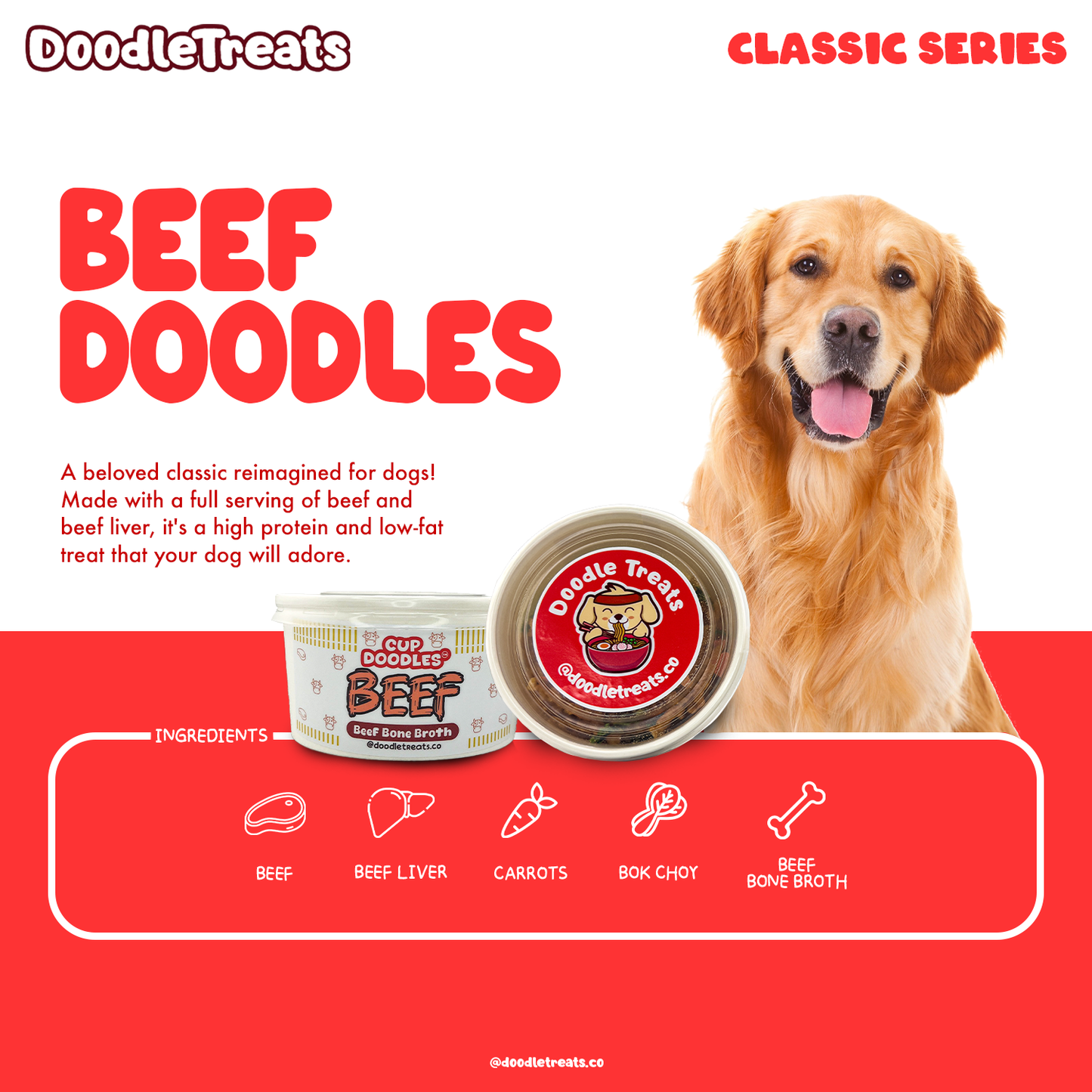 List of ingredients and description of Doodle Treats' Beef Cup Doodles with golden retriever