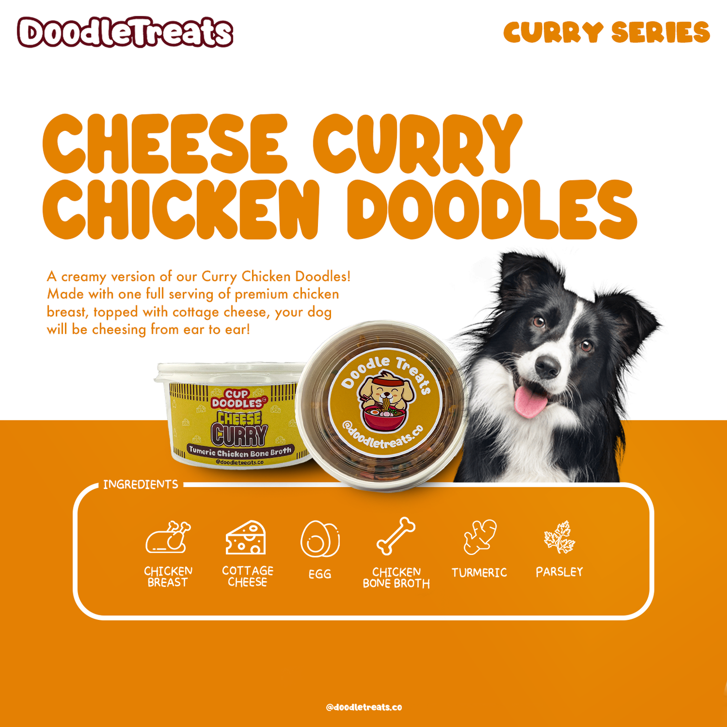 List of ingredients and description of Doodle Treats' Cheese Curry Chicken Cup Doodles with border collie