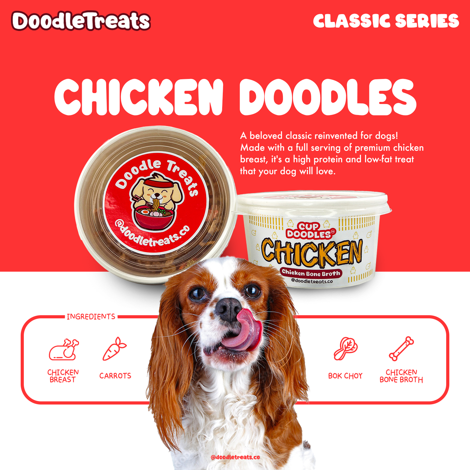 List of ingredients and description of Doodle Treats' Chicken Cup Doodles with cavalier king Charles spaniel