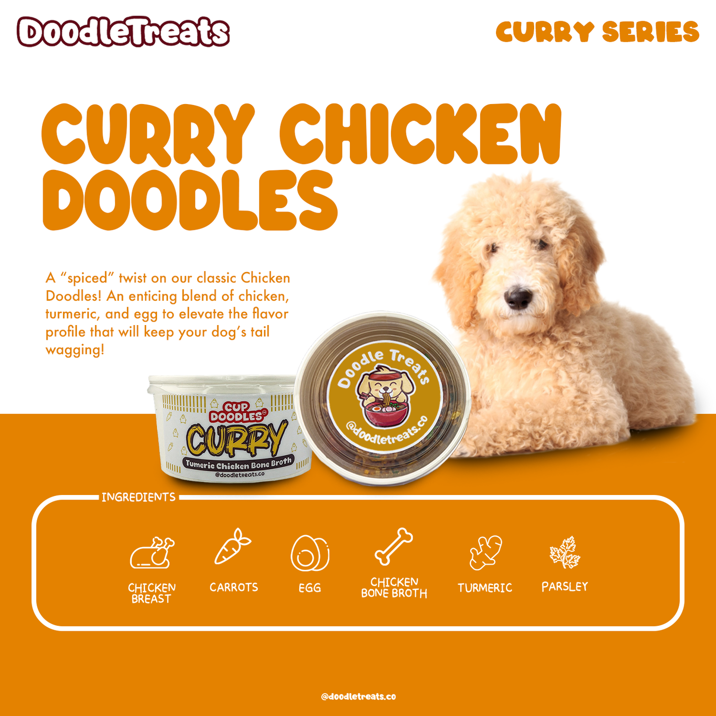 List of ingredients and description of Doodle Treats' Curry Cup Doodles with golden doodle