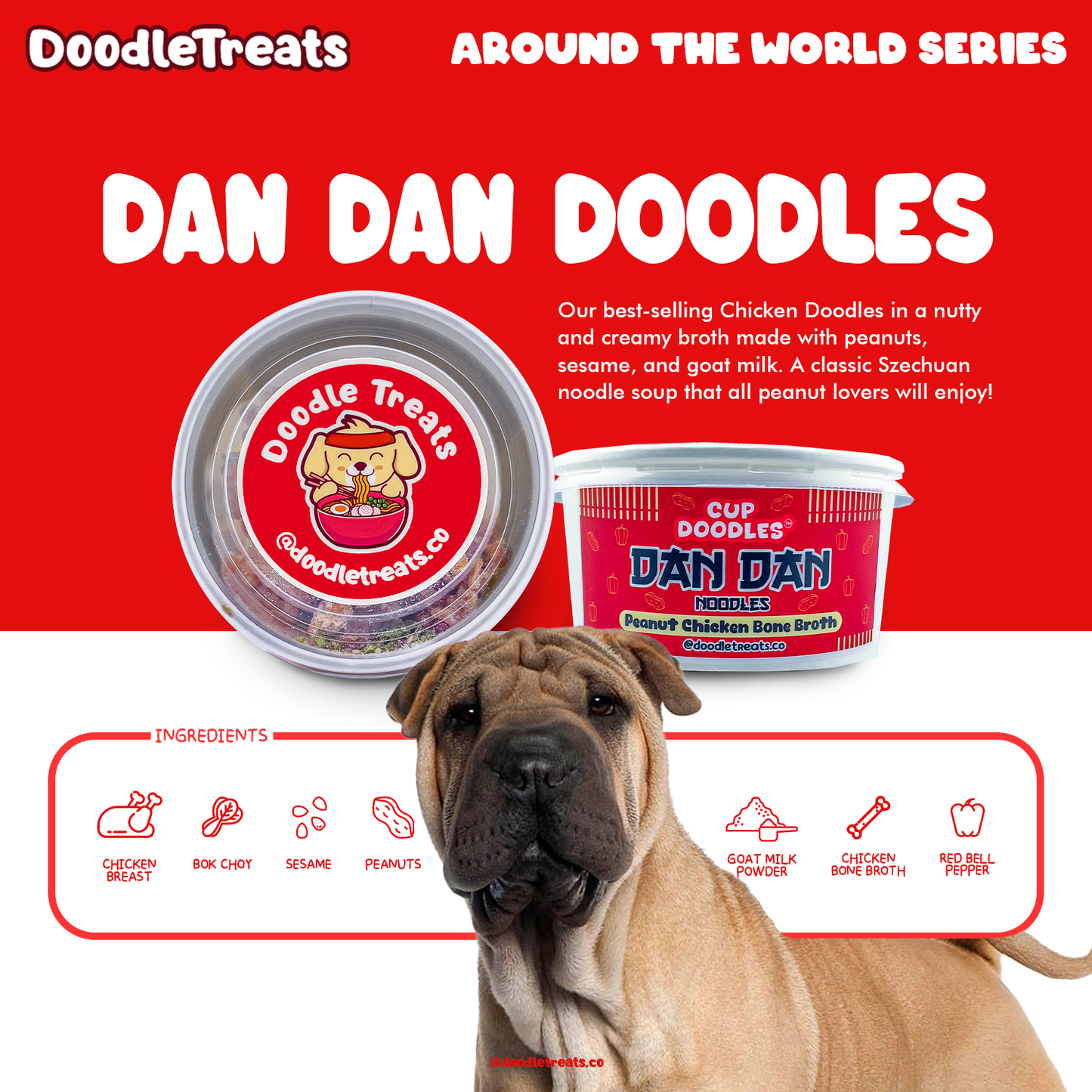 List of ingredients and description of Doodle Treats' Dan Dan Cup Doodles with Sharpei dog