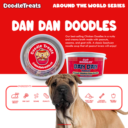 List of ingredients and description of Doodle Treats' Dan Dan Cup Doodles with Sharpei dog