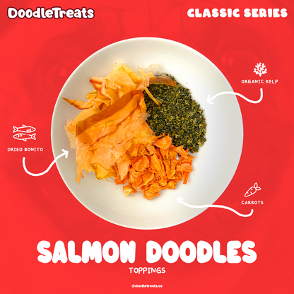 Doodle Treats' Salmon Doodles toppings on a plate with item names