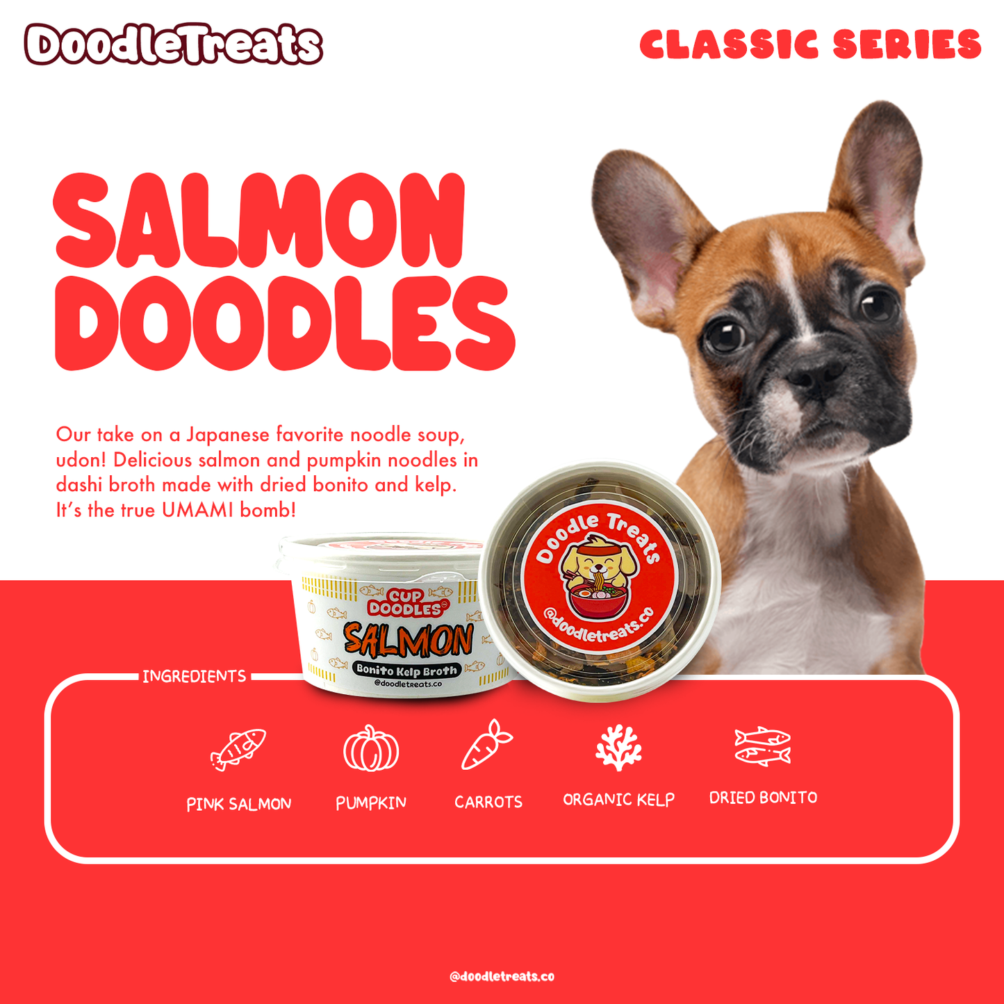 List of ingredients and description of Doodle Treats' Salmon Cup Doodles with French bulldog