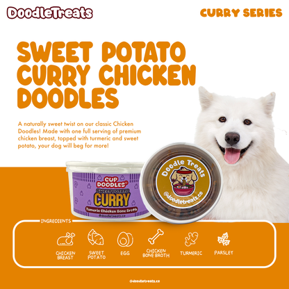 List of ingredients and description of Doodle Treats' Sweet Potato Curry Cup Doodles with Samoyed