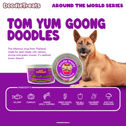 List of ingredients and description of Doodle Treats' Tom Yum Goong Cup Doodles with Thai Bangkaew dog