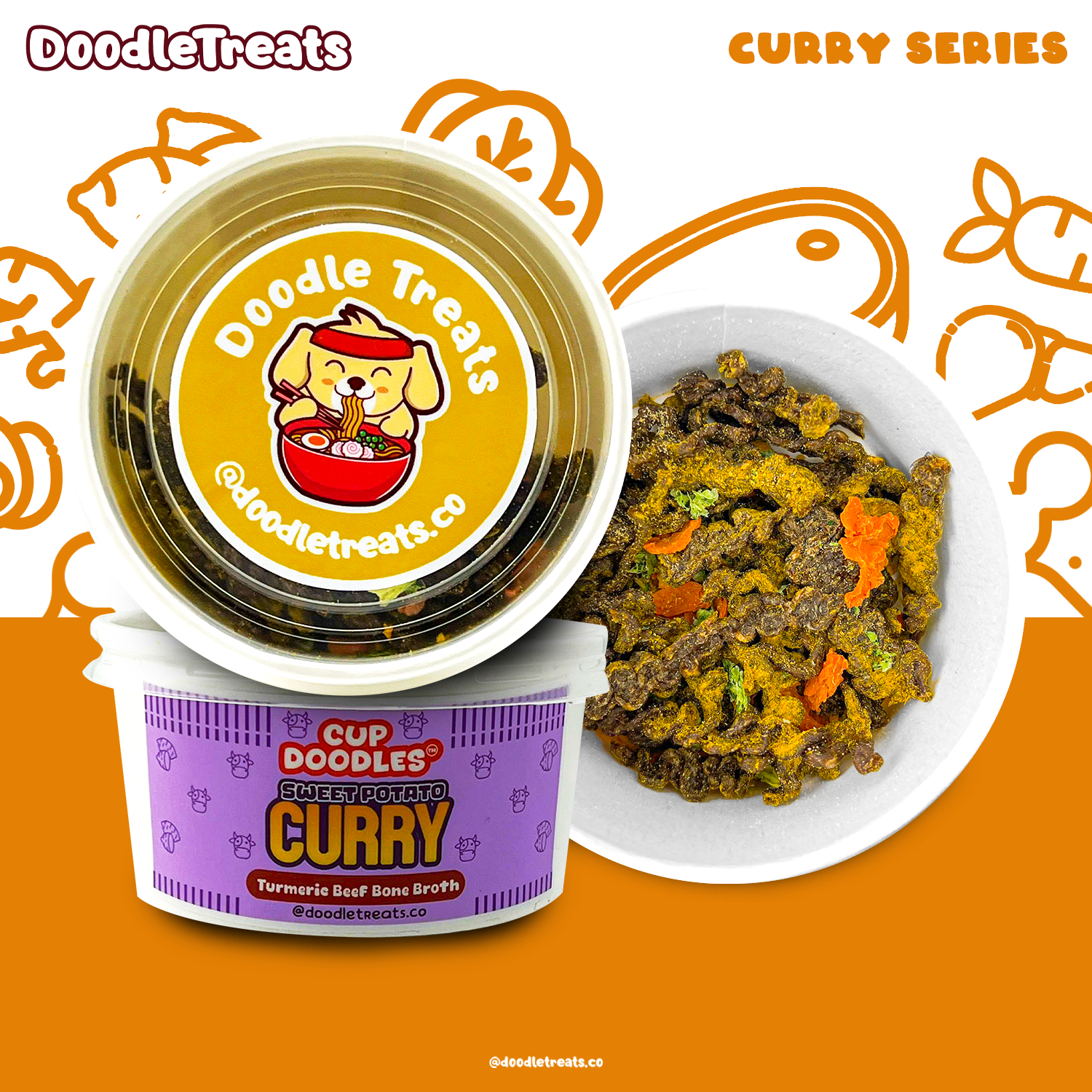 Doodle Treats Sweet Potato Curry Cup Doodles with orange background