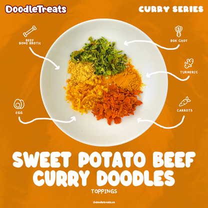 Doodle Treats' Sweet Potato Curry Beef Doodles toppings on a plate with item names