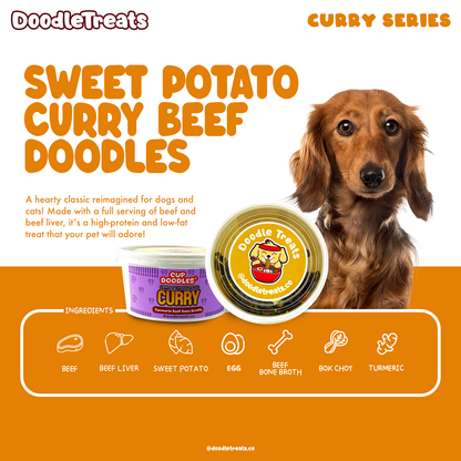 List of ingredients and description of Doodle Treats' Sweet Potato Curry Cup Doodles with dachshund