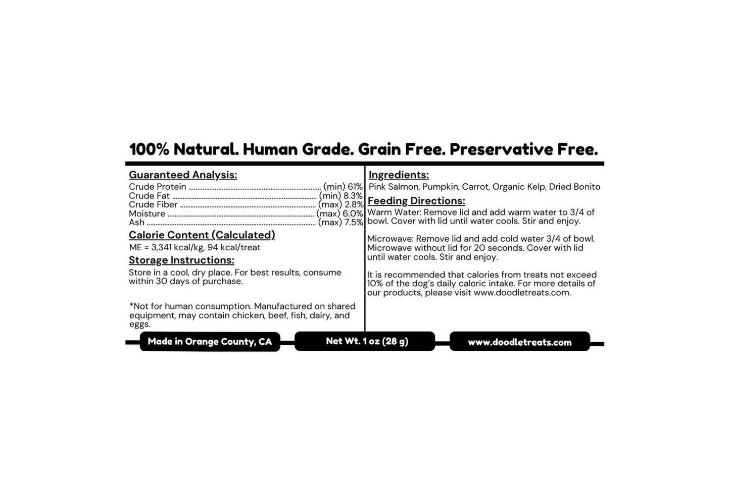 Nutritional Label with details of Salmon Doodles