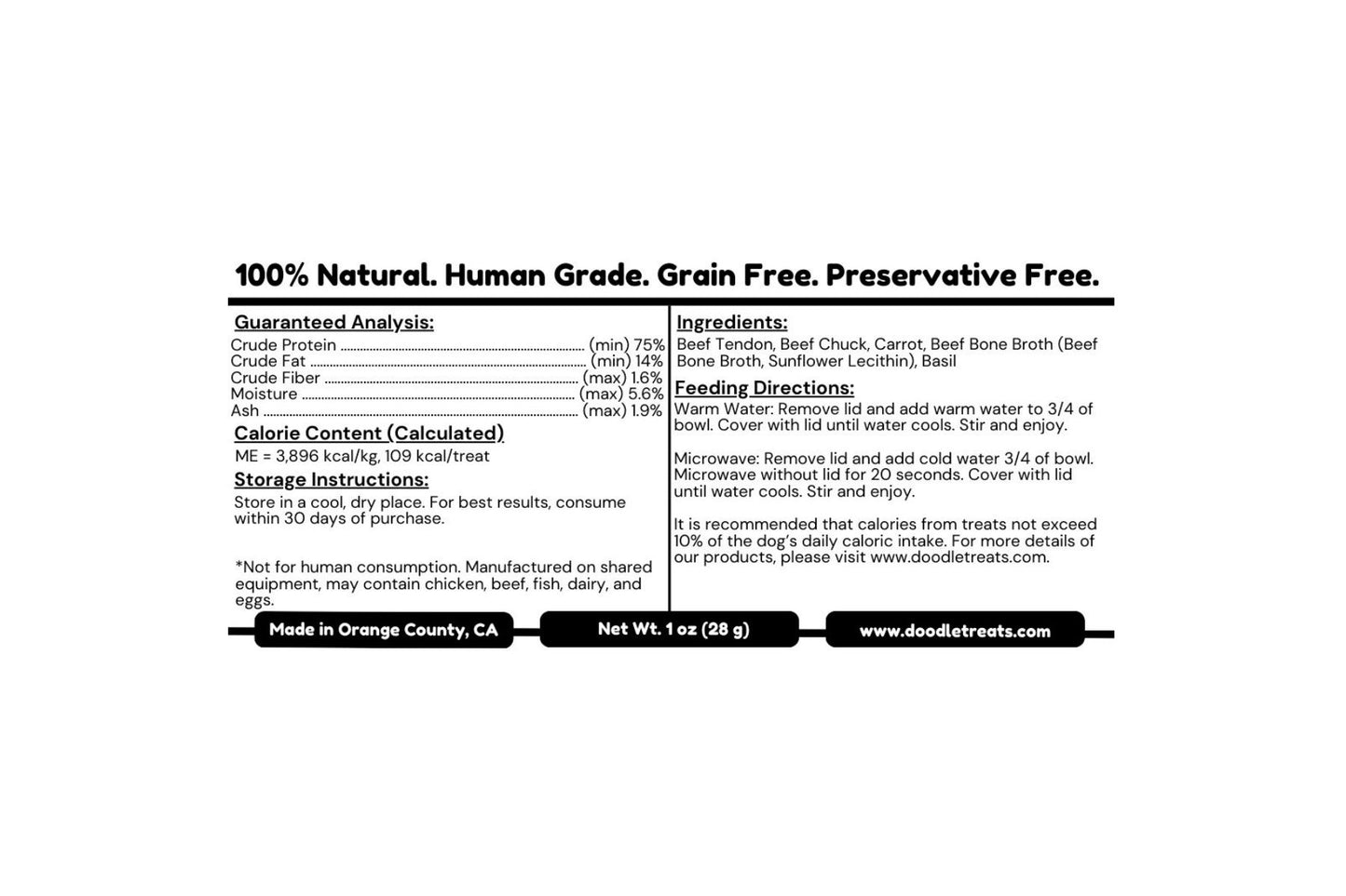 Nutritional Label with details of Beef Pho Doodles