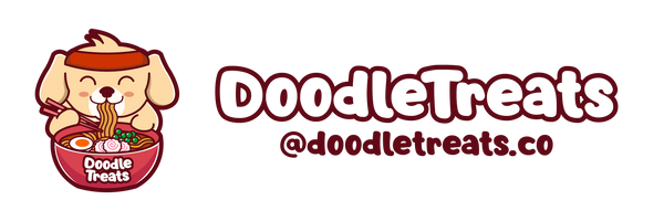 Doodle Treats Store Logo with dog eating ramen and instragram handle @doodletreats.co